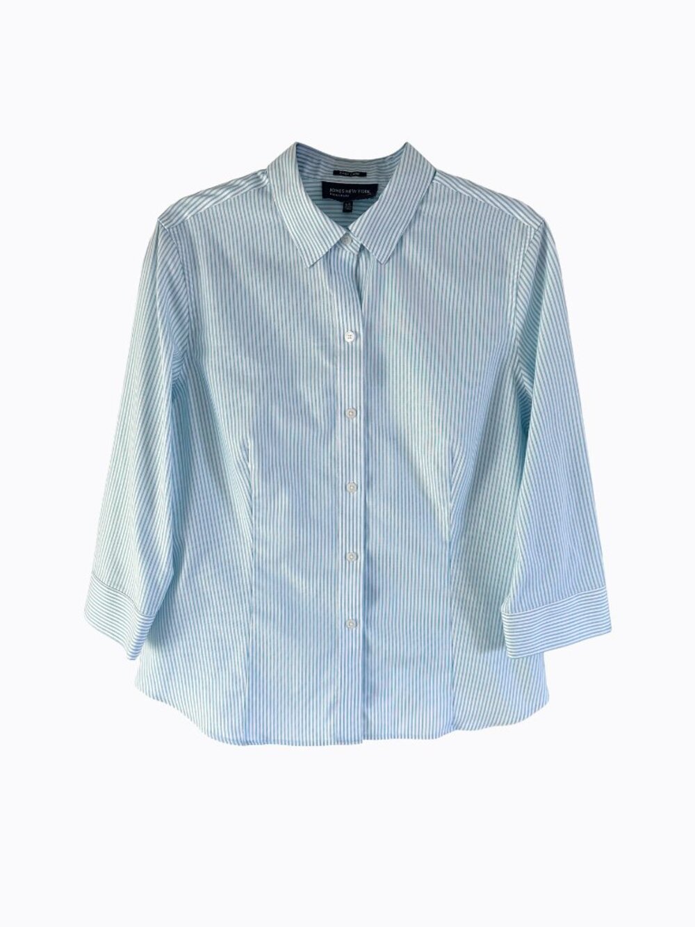 Jones New York Blue Striped Shirt L Button Down Easy Care 3/4 Sleeve Cotton JNY